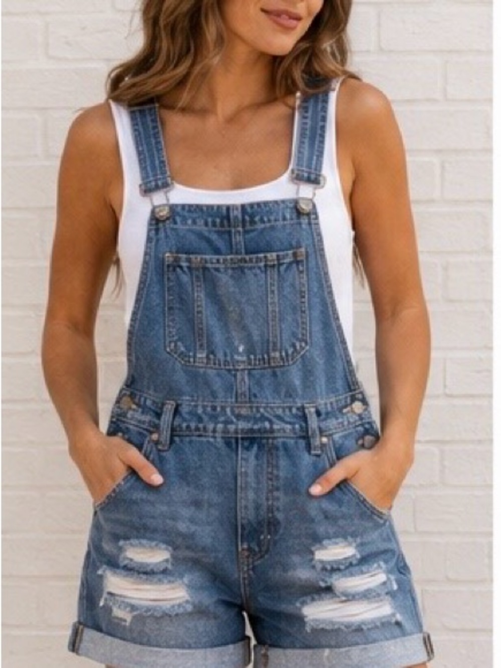 Bluenotes Denim Shortalls Distressed Jean Overall Shorts Medium